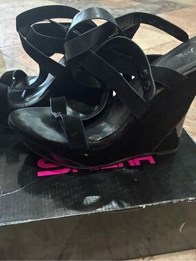 Black Strappy Wedge Sandals - Women